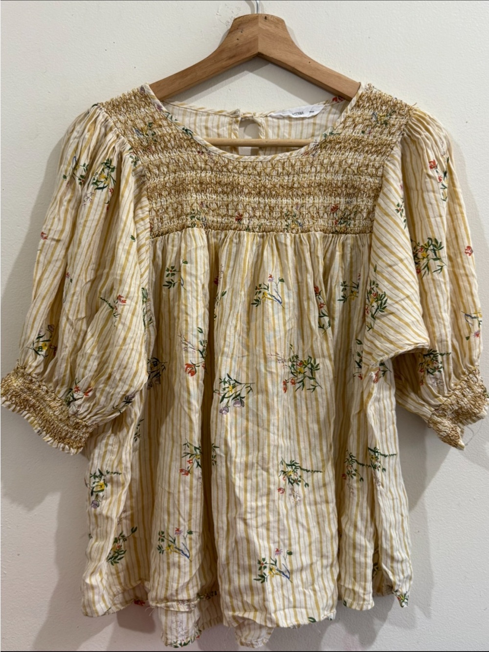 ACOS&A Smocked Yoke Floral Stripe Peasant Blouse in Light Yellow